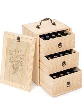 3 Drawer Essential Oil Organizer and Wooden Storage Chest Wellness 75 Bottle Cap